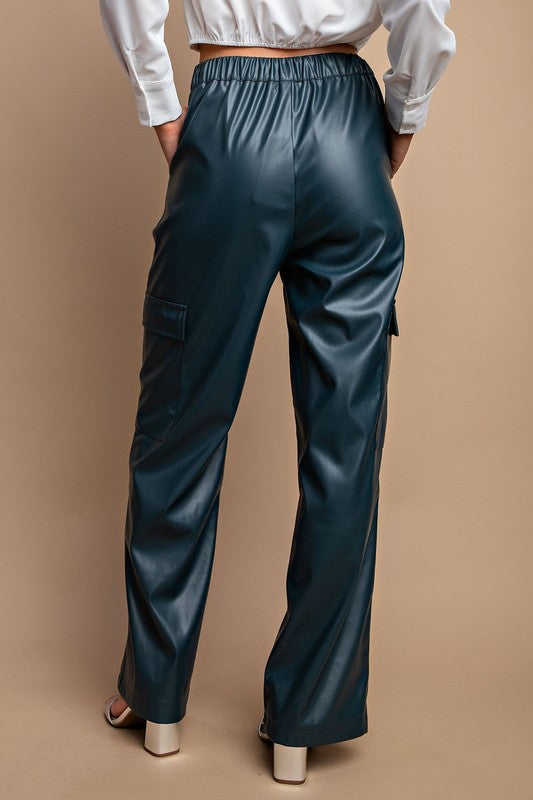 Faux Leather Cargo Pants Peacock