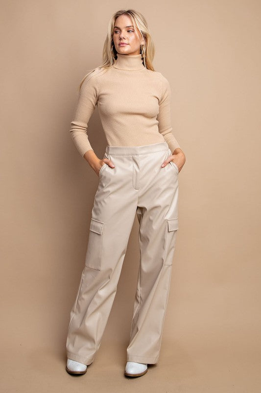 Faux Leather Cargo Pants Ecru