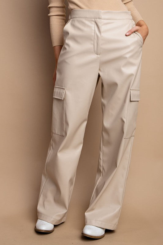Faux Leather Cargo Pants Ecru