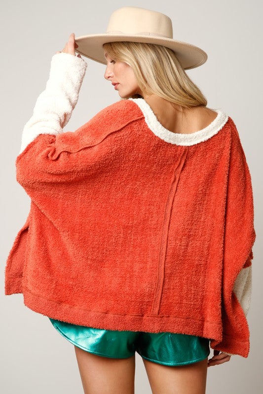 Color Block V-Neck  Loose Fit Sweater Rust/Cream
