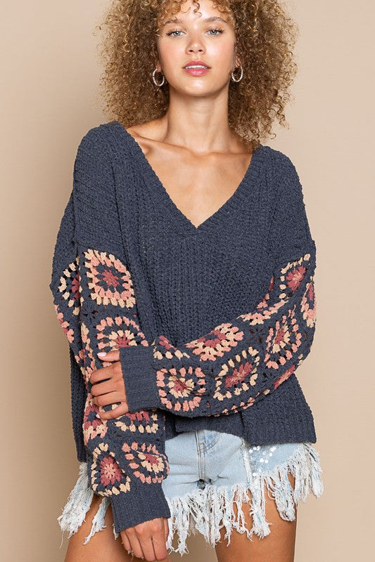 Square Pattern Chenille Sweater Charcoal