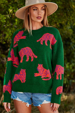 Lucky Tiger Patterned Knitted Sweater Green