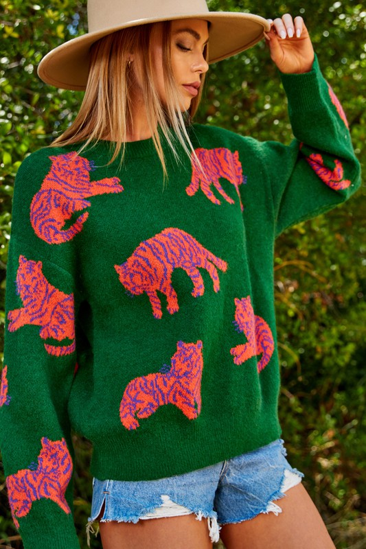 Lucky Tiger Patterned Knitted Sweater Green