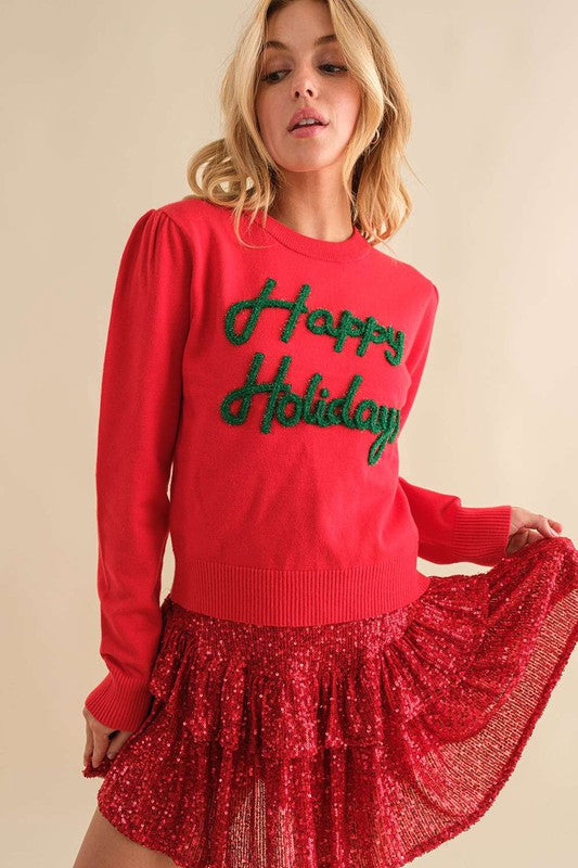 Happy Holiday Sparkle Letter Sweater Red