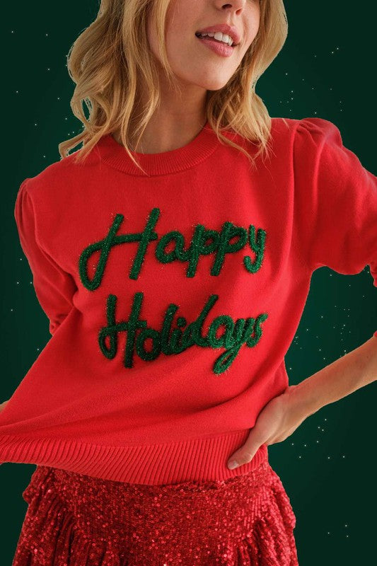 Happy Holiday Sparkle Letter Sweater Red