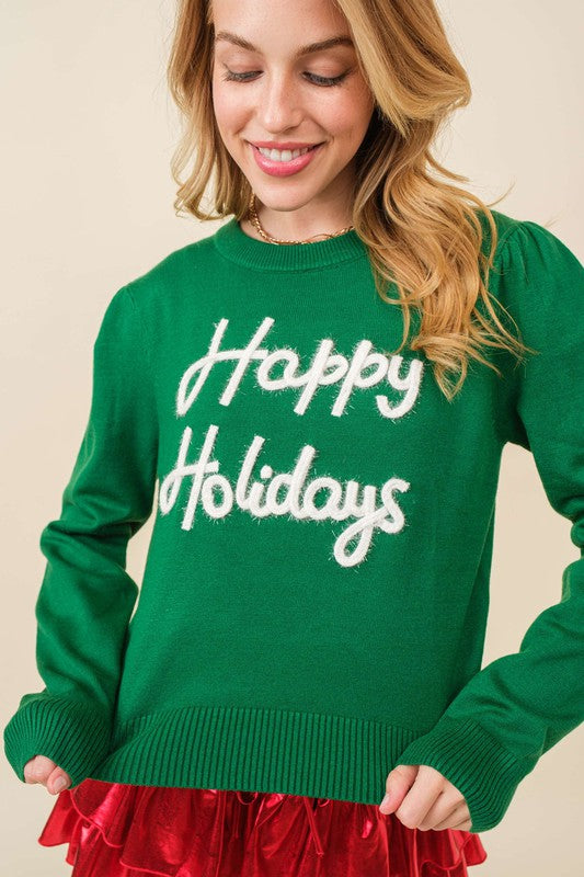 Happy Holiday Sparkle Letter Sweater Green