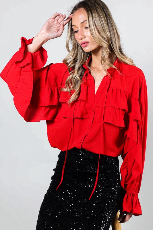 Tie Neck Ruffle Detail Woven Top Red