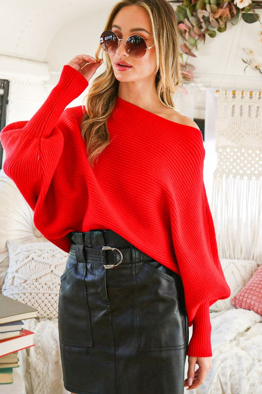 Dolman Sleeve Sweater Top Red
