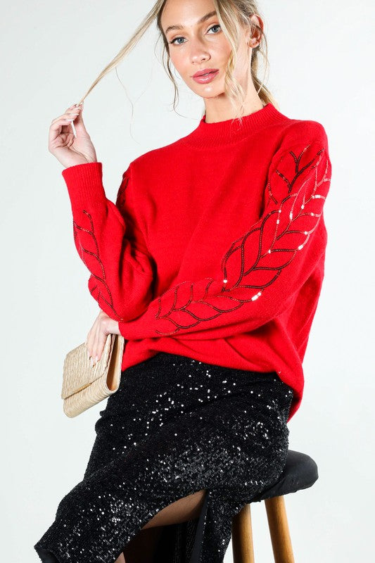 Cable Sequin Detail Sweater Top Red