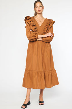 V-Neck Ruffle Detail Maxi Dress Camel - Southern Fashion Boutique Bliss V-Neck Ruffle Detail Maxi Dress Camel - Southern Fashion Boutique Bliss