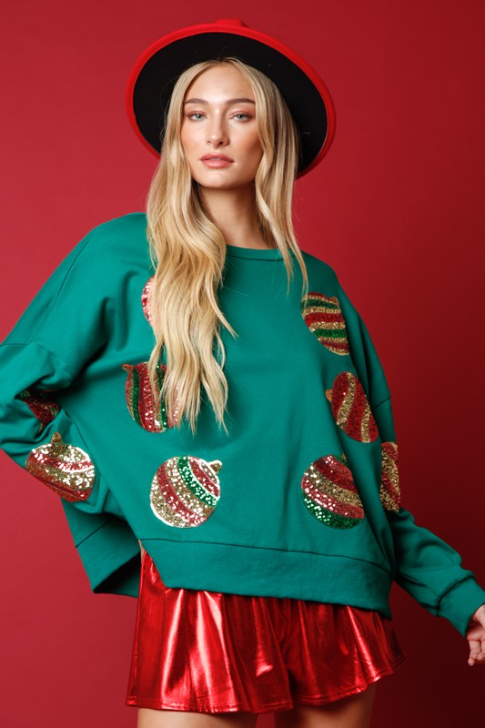 Sequin Christmas Ornament Sweatshirt Green - Southern Fashion