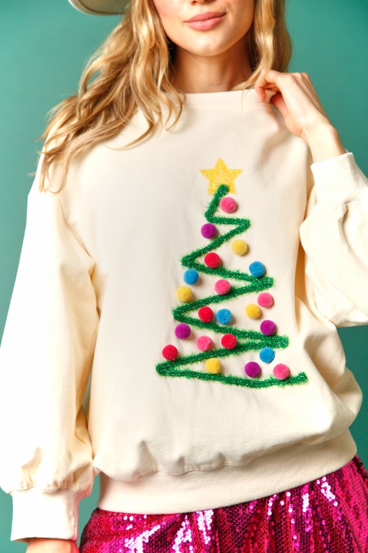 Christmas Tree Lurex Sweatshirt Cream