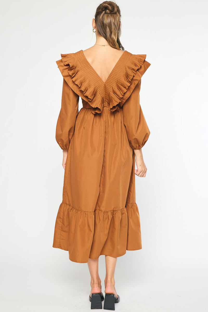 V-Neck Ruffle Detail Maxi Dress Camel