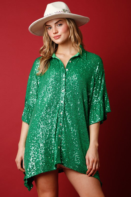 Sequin Poncho Button Side Ruffle Top Green
