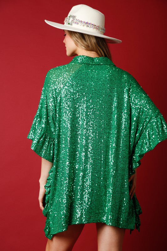 Sequin Poncho Button Side Ruffle Top Green