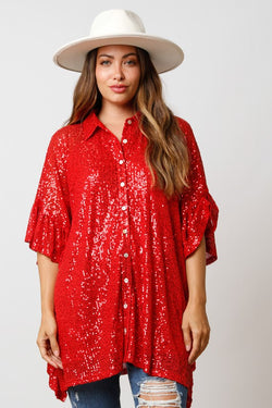 Sequin Poncho Button Side Ruffle Top Red