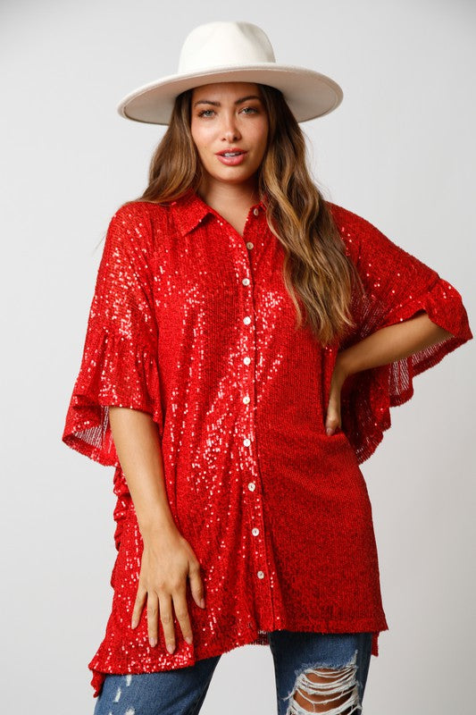 Sequin Poncho Button Side Ruffle Top Red