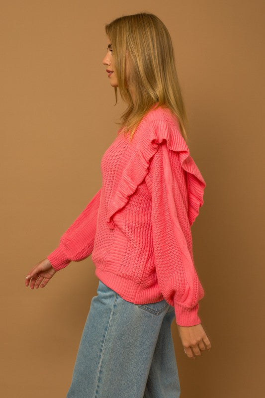 Ruffle Detail Cable Sweater Top Pink