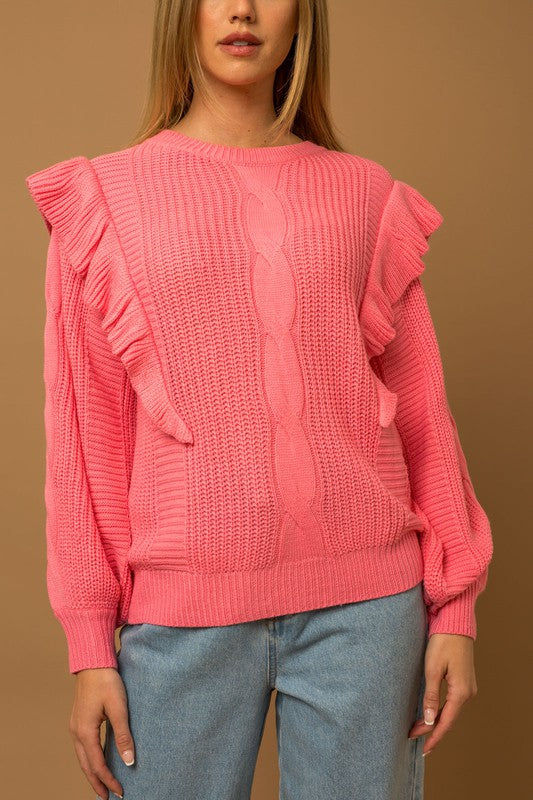 Ruffle Detail Cable Sweater Top Pink
