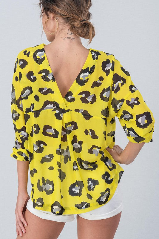 Neon Leopard Button Down Top Yellow - Athens Georgia Women's Fashion Boutique