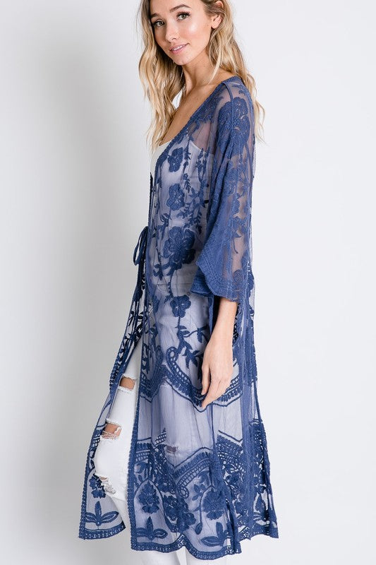 Sheer Lace Kimini Maxi Cardigan Denim Blue