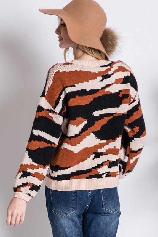 Army Camo Print Cozy Knit Sweater Rust - Athens Georgia Women's Fashion Boutique