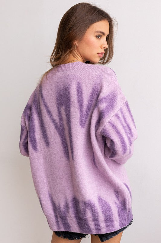 Long Sleeve Spray Print Sweater Purple