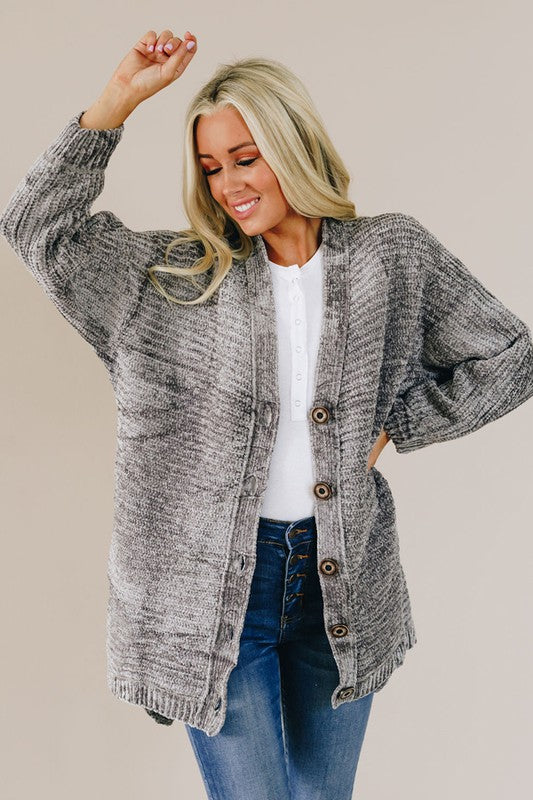 Chenille Buttoned Sweater Cardigan Gray