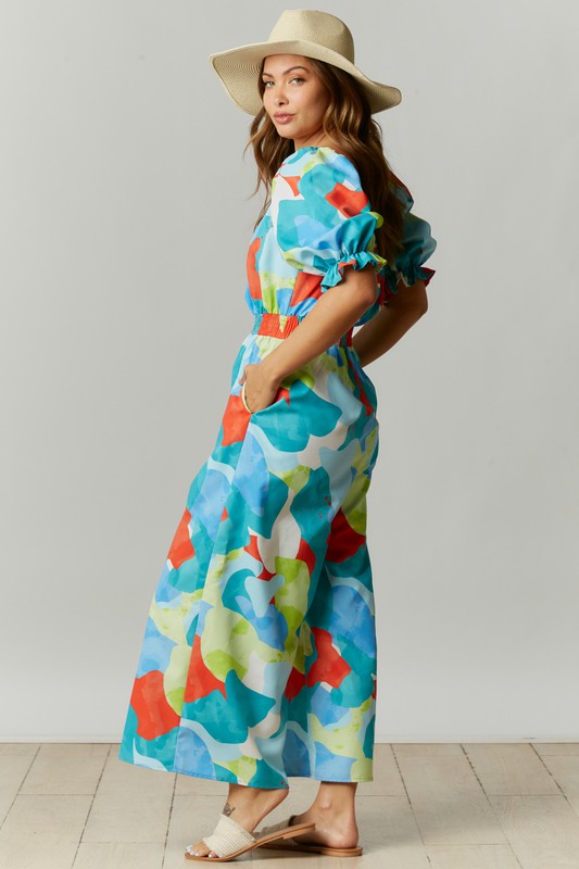 Abstract Print Jumpsuit Turquoise