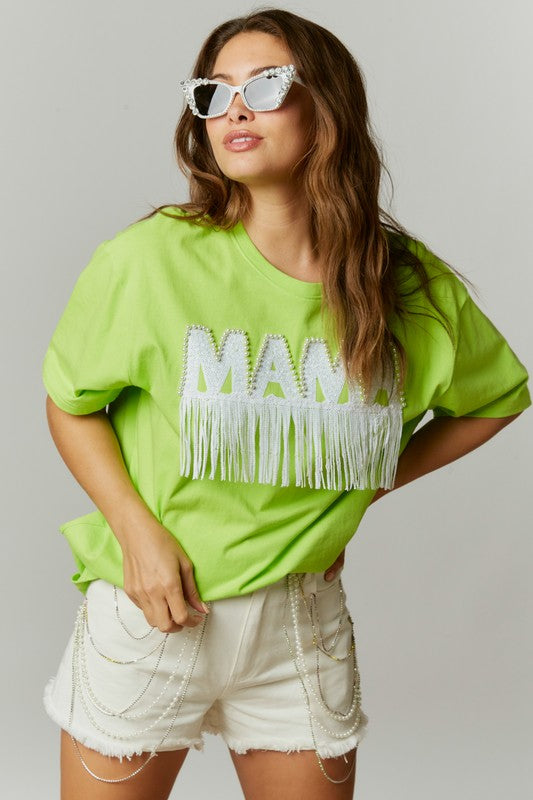Pearl Studded Sequin Mama Top Lime