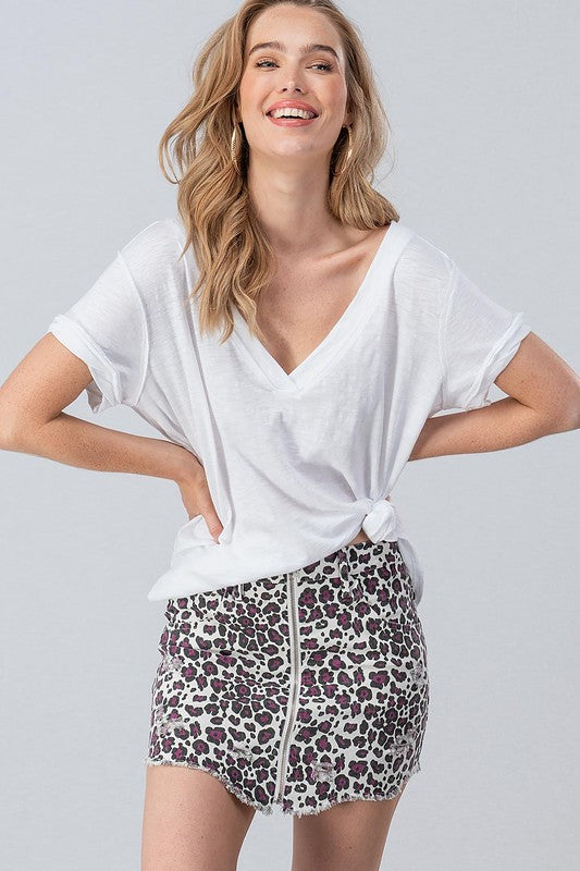 Distressed Animal Print Skirt with Zippers White/Purple - Athens Georgia Women's Fashion Boutique