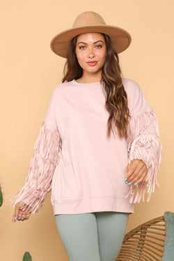 Fringe Sleeve Knit Sweatshirt Dusty Pink