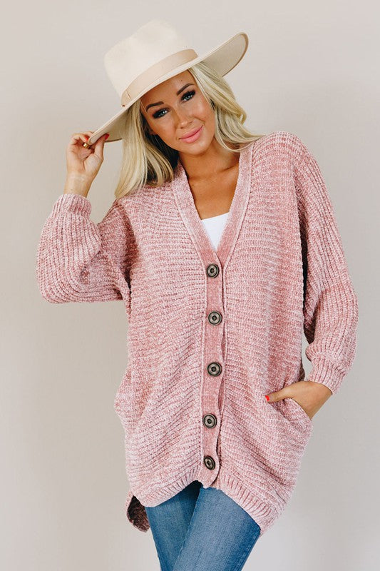 Chenille Buttoned Sweater Cardigan Pink