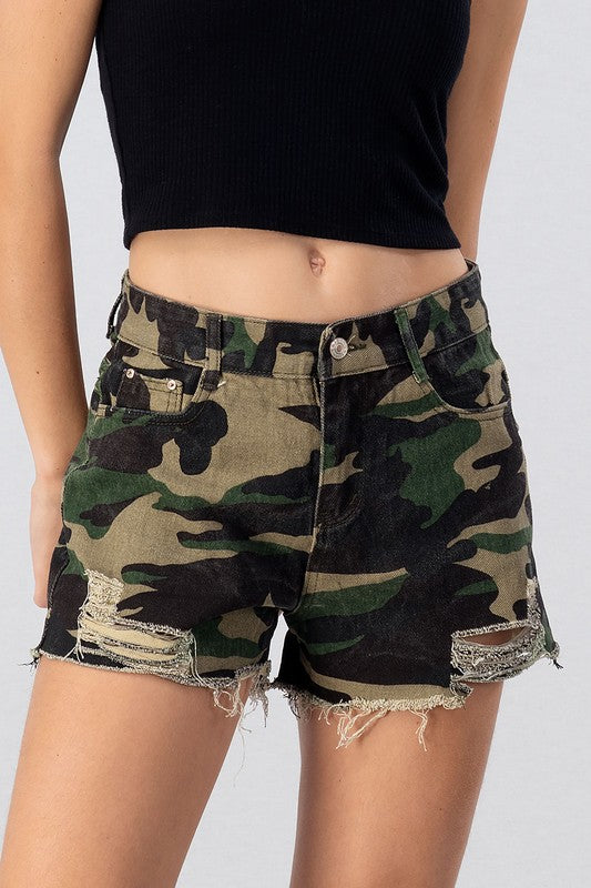 Camo Shorts with Raw Hem Olive - Athens Georgia Women's Fashion Boutique