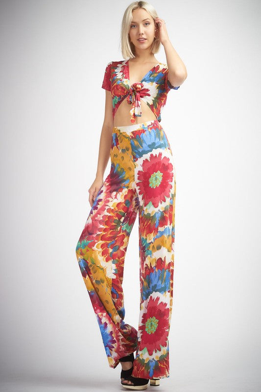 Floral Tie Dye Tie Front Jumpsuit Multi-Color - Athens Georgia Women's Fashion Boutique