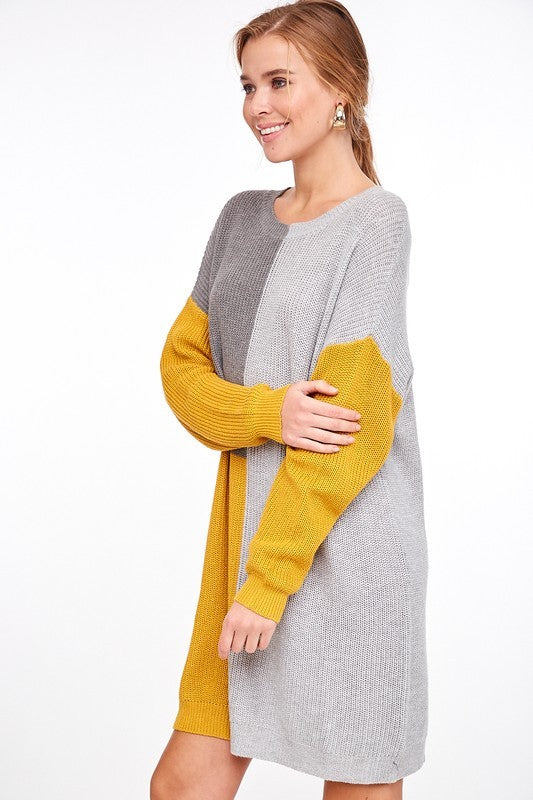 Color Block Sweater Dress Mustard - Athens Georgia Women's Fashion Boutique