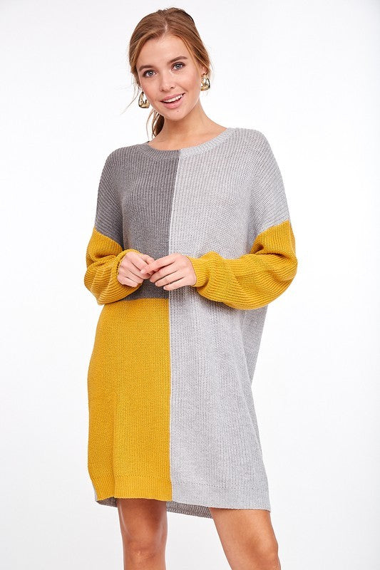 Color Block Sweater Dress Mustard - Athens Georgia Women's Fashion Boutique