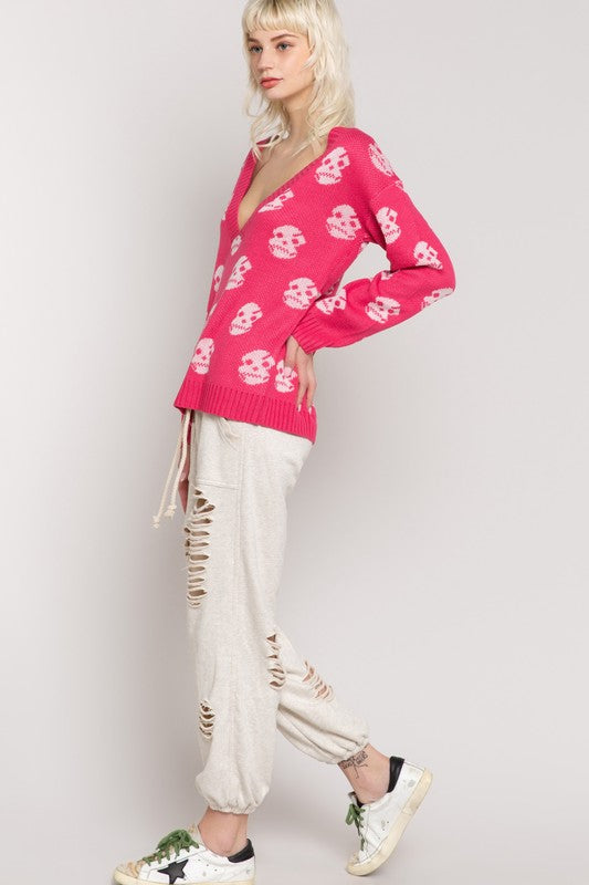 Lightweight V Neck Skull Sweater Pink - Athens Georgia Women's Fashion Boutique