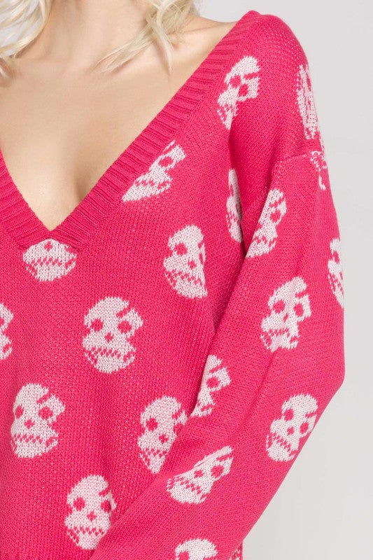 Lightweight V Neck Skull Sweater Pink - Athens Georgia Women's Fashion Boutique