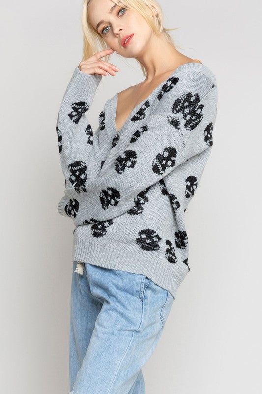 Lightweight V Neck Skull Sweater Grey - Athens Georgia Women's Fashion Boutique
