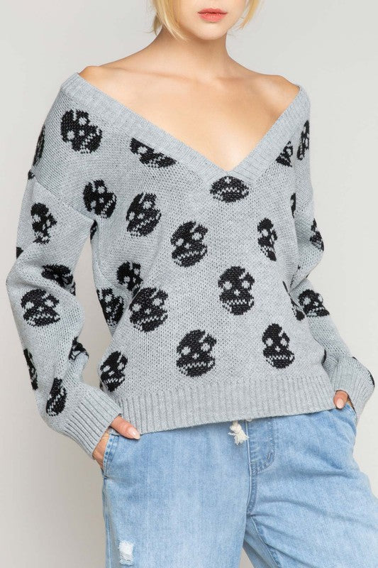 Lightweight V Neck Skull Sweater Grey - Athens Georgia Women's Fashion Boutique