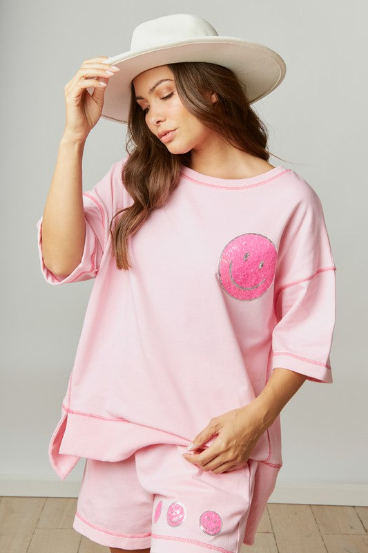 Happy Face Sequin Patch Knit Top Pink