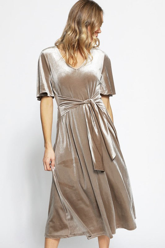 V-Neck Velvet Midi Dress Cappuccino