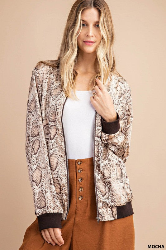 Python Print Bomber Jacket Mocha