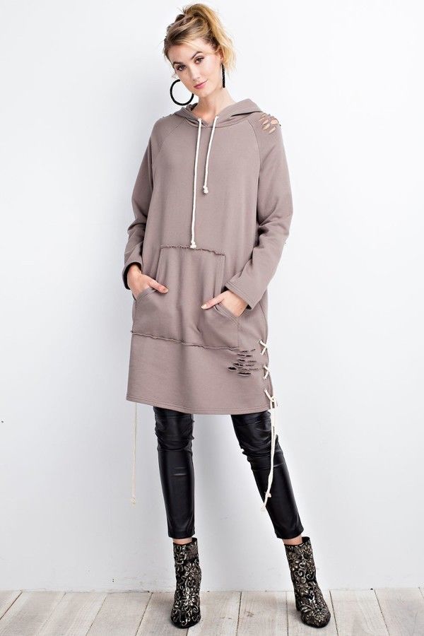 Distressed Terry Knit Hooded Dress Mushroom - Athens Georgia Women's Fashion Boutique