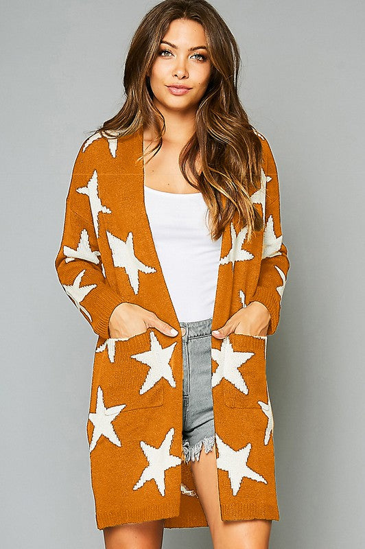 Star Printed Sweater Cardigan w/Pockets Mustard
