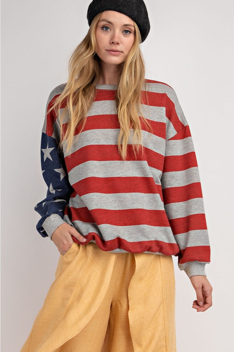 Long Sleeve USA Flag Print Sweater Pullover Grey - Athens Georgia Women's Fashion Boutique