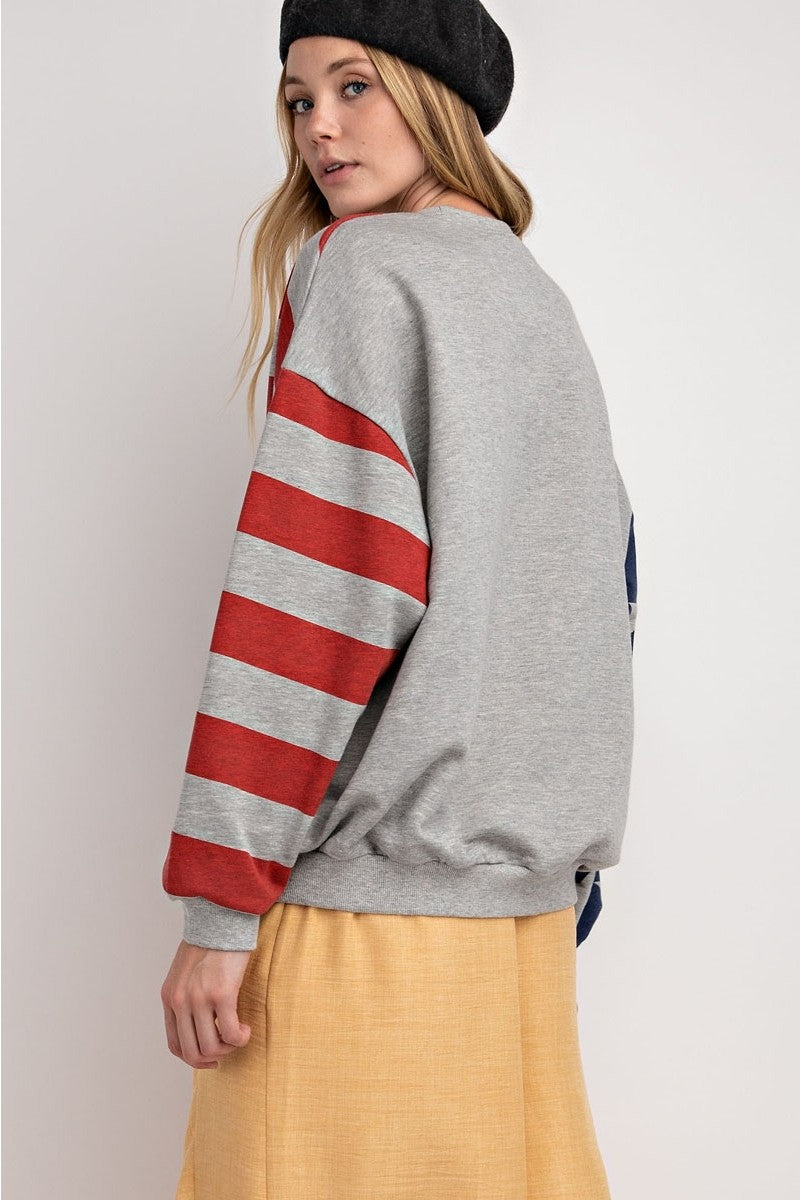 Long Sleeve USA Flag Print Sweater Pullover Grey - Athens Georgia Women's Fashion Boutique