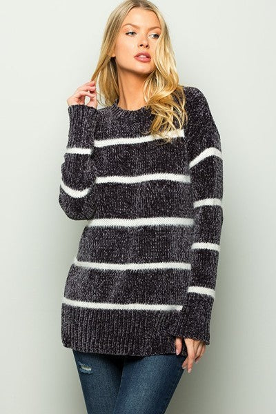 Chenille Striped Velvet Sweater Charcoal - Athens Georgia Women's Fashion Boutique