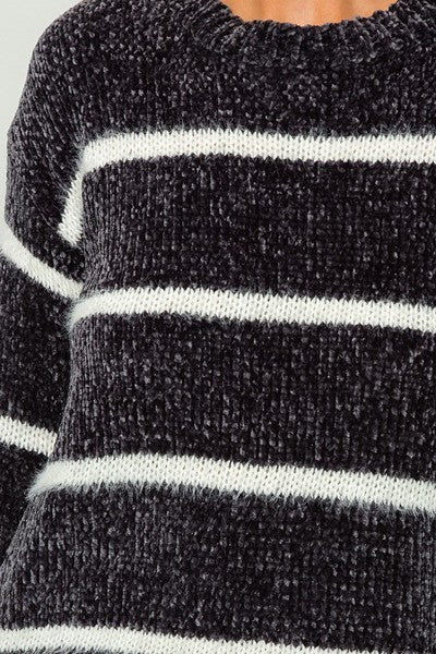 Chenille Striped Velvet Sweater Charcoal - Athens Georgia Women's Fashion Boutique